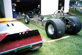 Here's the chassis again, adjacent to a Plymouth Satellite/Sebring body that had been sitting on it (not mates). Dale Smith, from Florida, showed me these pictures and eventually bought the Plymouth body for his own FC project.